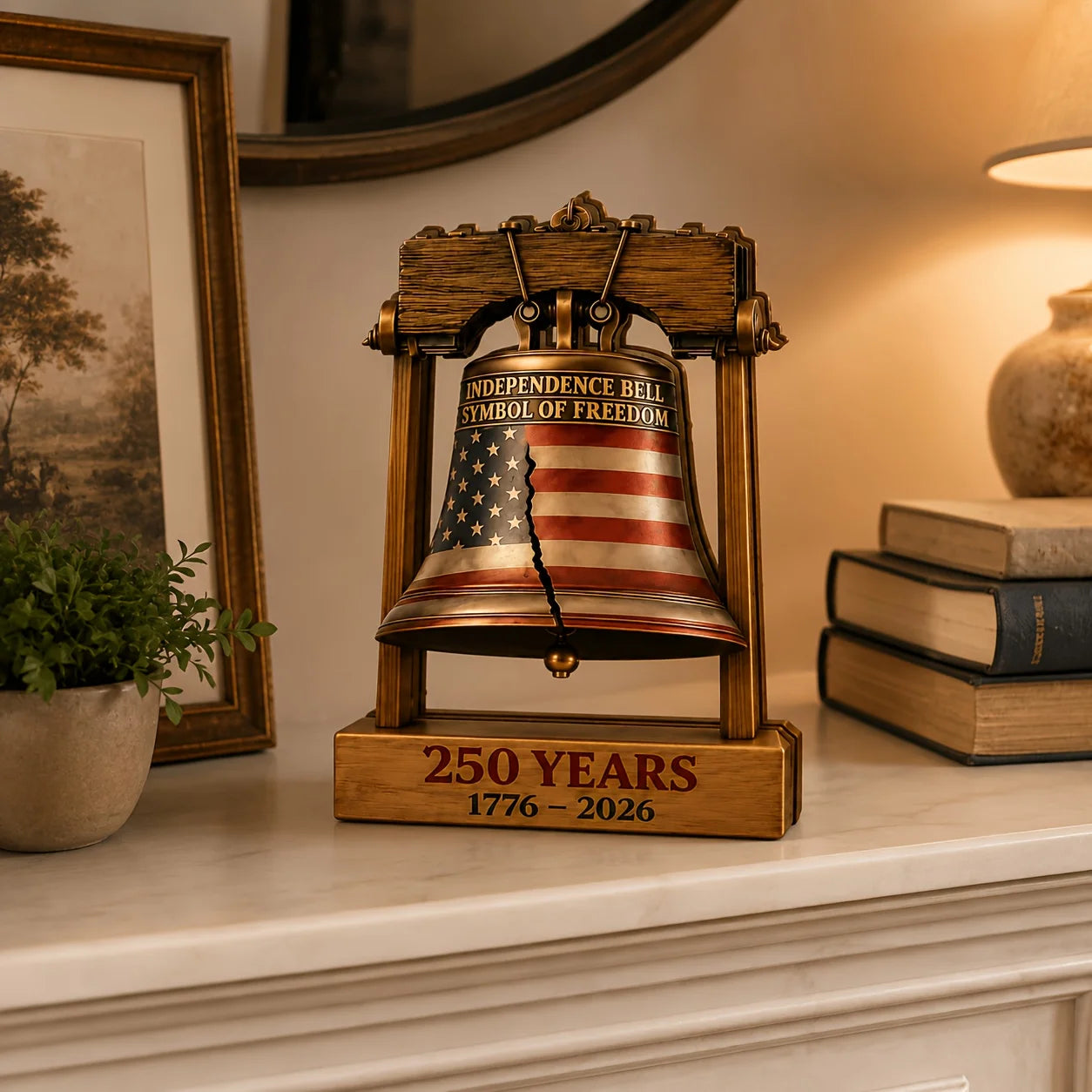 1 Piece American 250Th Anniversary Liberty Bell Wooden Desktop Decoration, Patriotic Independence Day Desktop Ornament, 1776-2026 Liberty Bell Woodworking Craft Emblem, Suitable for Home, Office, Bookshelf, and Party Decorati