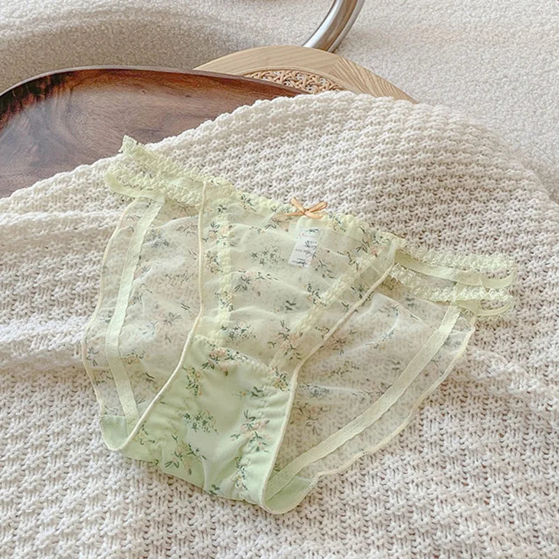 Women's Panties Cross Waistband Hipsters Low Rise Lace Strappy Panties Transparent Mesh Floral Pattern Sweet Bowknot Sexy Female