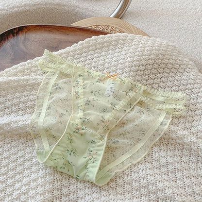 Women's Panties Cross Waistband Hipsters Low Rise Lace Strappy Panties Transparent Mesh Floral Pattern Sweet Bowknot Sexy Female