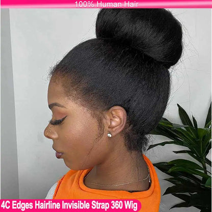 360 Full HD Lace Frontal Wig Human Hair 4C Edges Invisible Strap Glueless Kinky Straight Wig With Kinky Curly Baby Hair