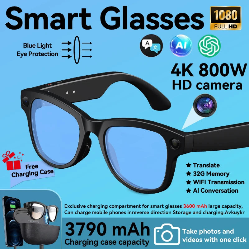 4K 800W HD Camera AI Smart Glasses Men Record Video 3790mAh Battery Languages Translation 3D Music Player Glasses With Camera