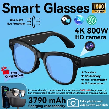 4K 800W HD Camera AI Smart Glasses Men Record Video 3790mAh Battery Languages Translation 3D Music Player Glasses With Camera