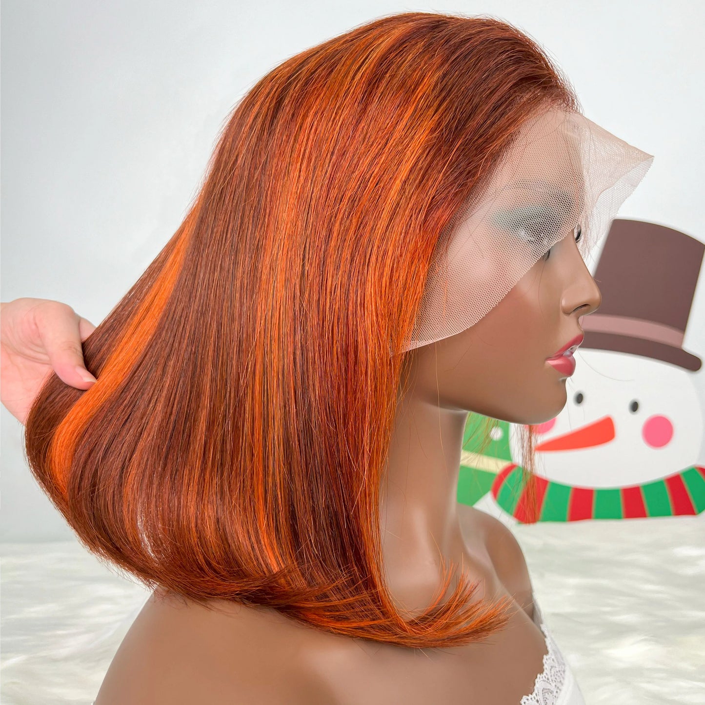 13x4 Straight Lace Front Bob Wig 100% Human Hair Wigs Ginger Orange Silky 200% Density Highlight Orange Color P4-350 Pre Plucked
