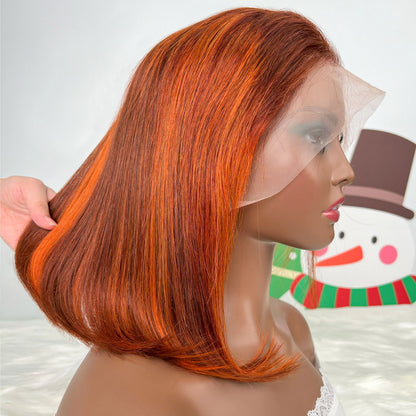 13x4 Straight Lace Front Bob Wig 100% Human Hair Wigs Ginger Orange Silky 200% Density Highlight Orange Color P4-350 Pre Plucked