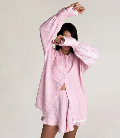 Casual Crape Cotton Pink Two Pieces Sets Women Lace Lantern Sleeve Shirts And Baggy Shorts Sleepwear Spring Summer