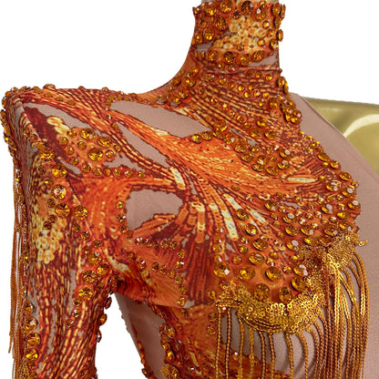 Sparkly Sequins Tassel One Shoulder Tight Bodysuit Women Dance Leotard Outfit Nightclub Bar Performance Costume Stage Wear Duxiu