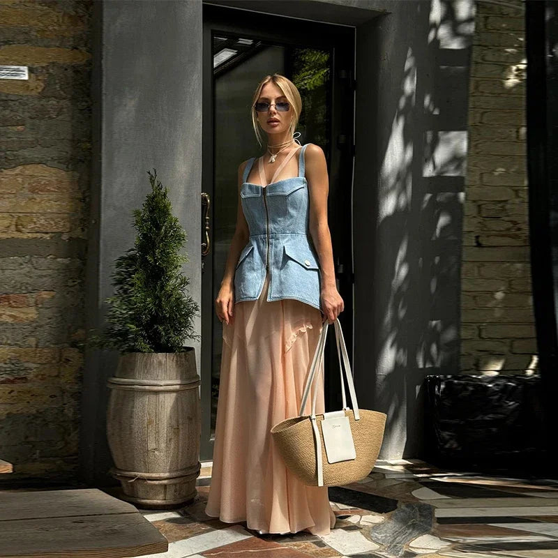 Sleeveless Sling Denim Vest Street Zippers Backless Off Shoulder Pocket Women Tank Top 2026 New Spring Summer Lady Crop Tops
