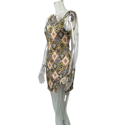 Mozision Multicolour Pattern Sequins Sexy Mini Dress Women Fashion Square Collar Sleeveless Backless Sparkle Club Party Dresses