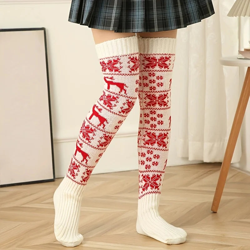 Christmas Socks for Women 2025 Limited Edition, Reindeer Snowflake Over The Knee Long Socks, Warm Festive Party Floor Socks