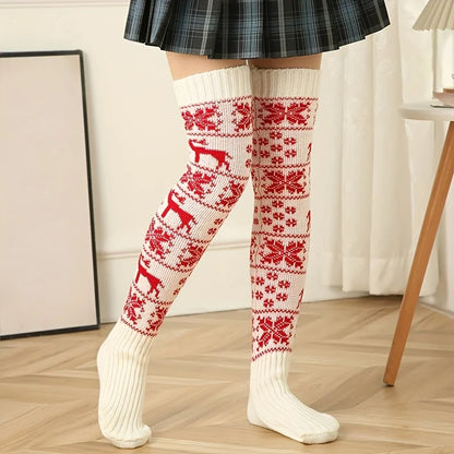 Christmas Socks for Women 2025 Limited Edition, Reindeer Snowflake Over The Knee Long Socks, Warm Festive Party Floor Socks