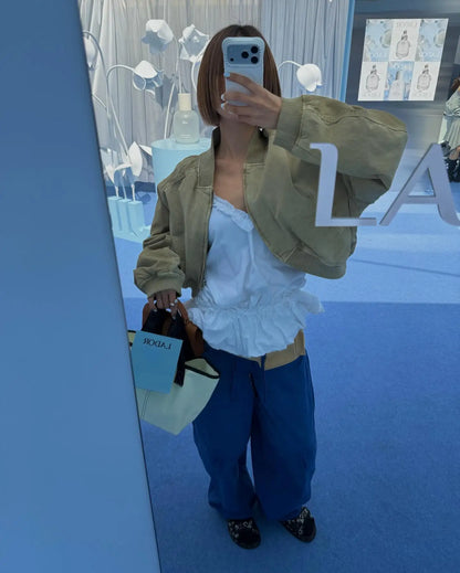 Women Khaki Cropped Bomber Jacket Chic Lapel Zipper Pocket Long Sleeve Short Coat Casual 2026 New Lady Street Daily Crop Outwear