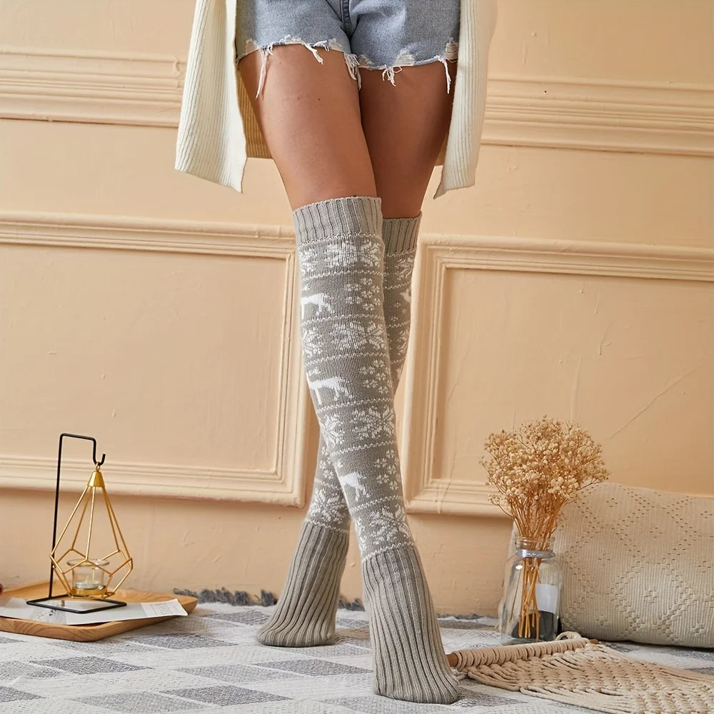 Christmas Socks for Women 2025 Limited Edition, Reindeer Snowflake Over The Knee Long Socks, Warm Festive Party Floor Socks