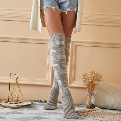Christmas Socks for Women 2025 Limited Edition, Reindeer Snowflake Over The Knee Long Socks, Warm Festive Party Floor Socks