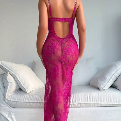 New Sexy Lace Mesh Transparent Embroidered Strap Dress Elegant Rose Red Long Dress V Neck 2025 New Fashion Tops QTZ9