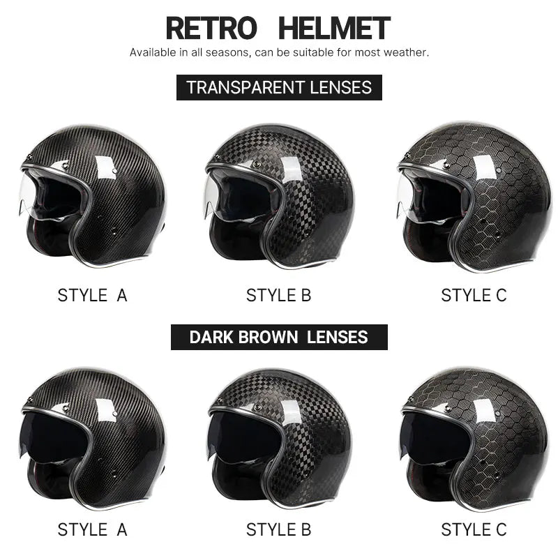 DOT Approved 12K Carbon Fiber Open Face Helmet with Visor Motorcycle Helmet Cascos Para Motos 3K 12K Jet Helmets Four Seasons