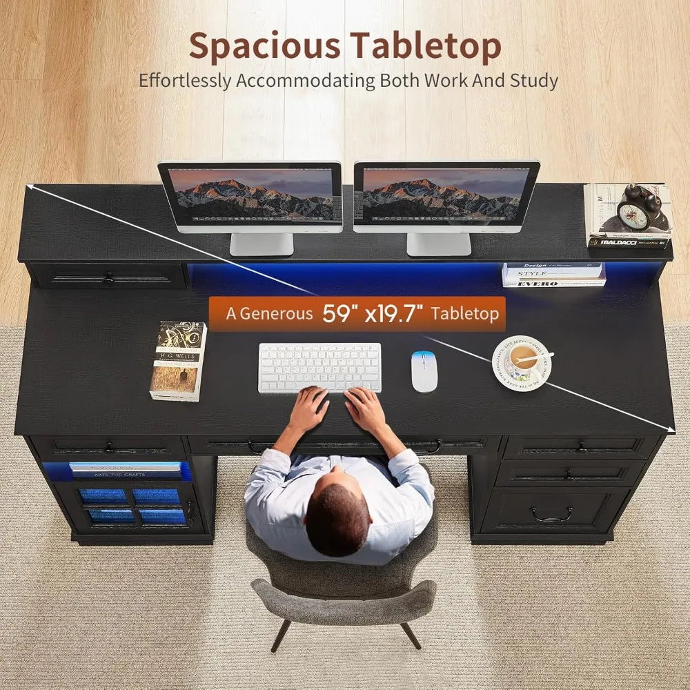Administrative desk with drawers, computer desk with file drawers, power sockets, and LED lights, administrative desk