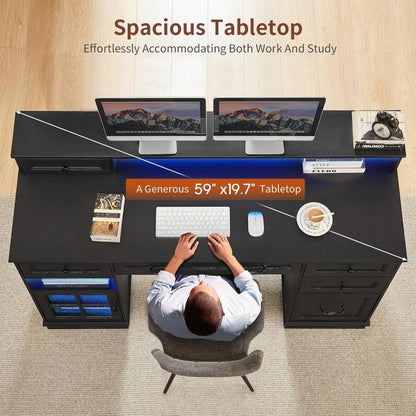 Administrative desk with drawers, computer desk with file drawers, power sockets, and LED lights, administrative desk