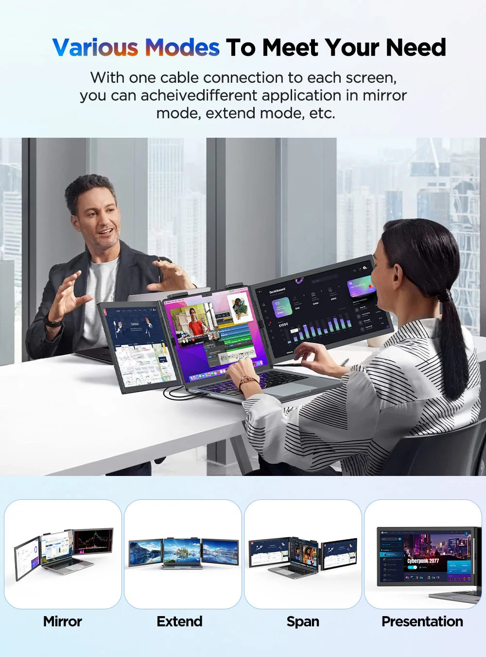 UPERFECT UFree Z14 Pro Wireless Triple Portable Monitor 14" Laptop Screen Extender with Stand /Sleeve Support AirPlay Miracast