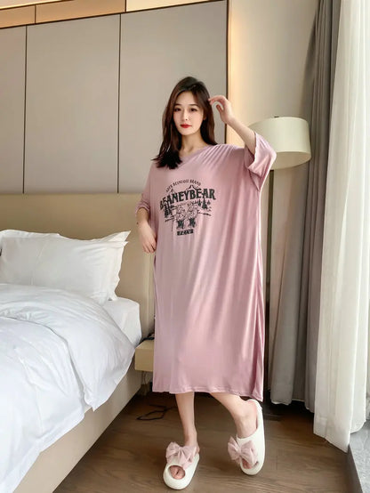 New Casual Sleepwear Woman Night Dress Lounge Home Wear Clothes Printed Short Sleeve Female Nightgowns Cotton Loose Nightshirt