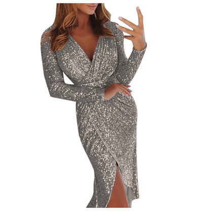 2024 Autumn Winter Gold Sliver Pink Sequined Party Dress Women Front Split Bodycon Party Vestidos Bling Clubwear Dress Vestidos