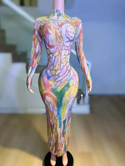 Women Birthday Singer Cheongsam Stylish PromQueen Costume Evening Drag Queen Dress SexyStretch Paint Long Sleeve Dress G020