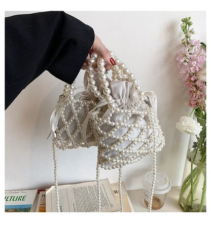 Women Pearl Bag Small Mini Tote Bucket Bag Woven Crossbody Hand Bags for Women Coin Purse Wallet Handbag Ladies Shoulder Bags