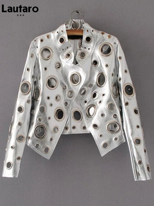 Lautaro Runway Cut Out Short Faux Leather Jacket Golden Rivet Cool Stylish Designer Clothes Women European American Fashion 2022