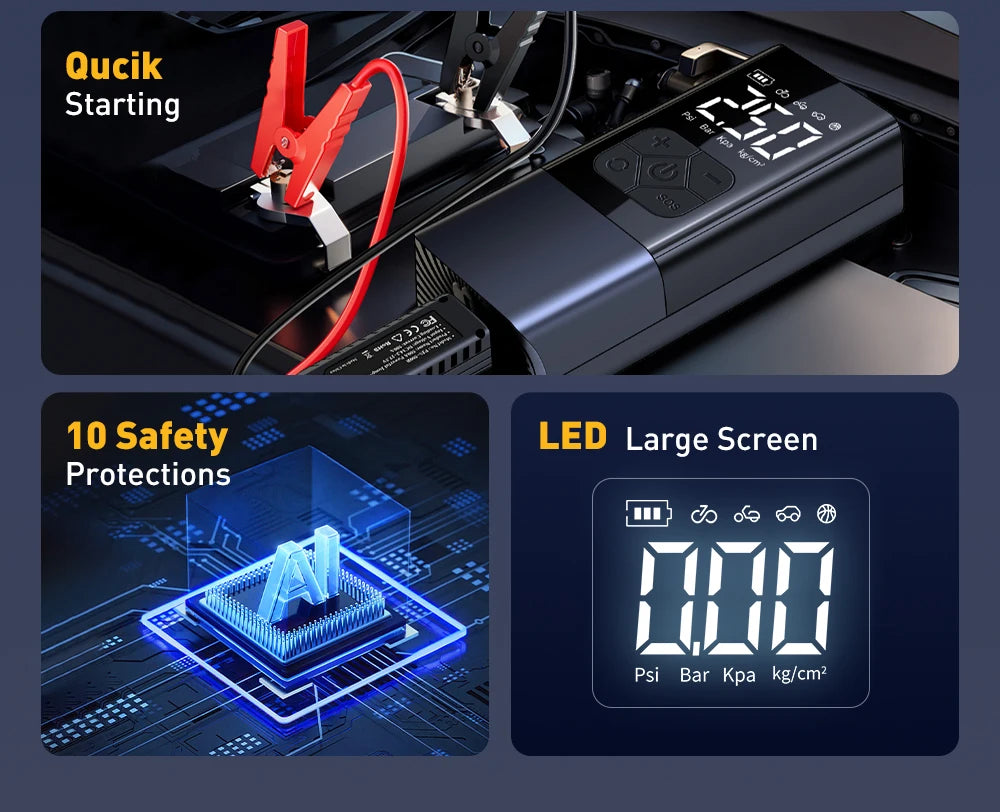 2500A Professional Car Starter Car Booster with 150PSI Air Compressor Power Bank Portable Charger for Car Battery Jump Starter