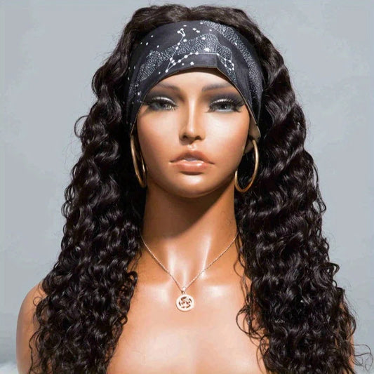 Human Hair 200% Density Headband Wig Human Hair Wigs Wear and Go Glueless Wig Curly Deep Wave Headband Wig Natural Color