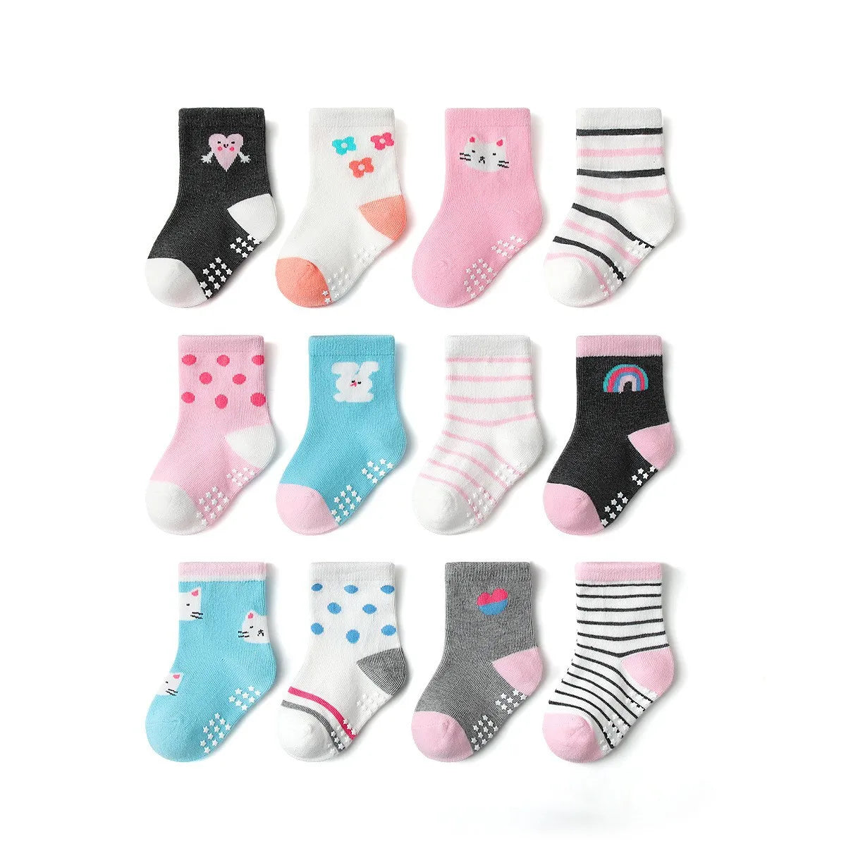 1/3/6/9/12 Pairs Kids Socks Sets for Baby Girls Cotton Non-slip Cute Cartoon Patterned Breathable Baby Trampoline Floor Socks