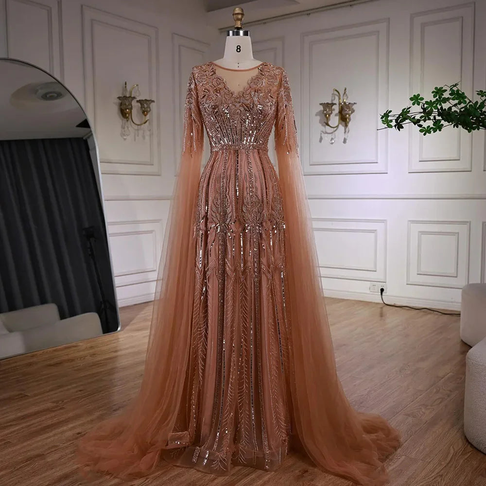 Luxury Elegant Rose Gold Beaded A Line Evening Dress with Cape Sleeves for Formal Party Serene Hill 2026 Customized CLA73056