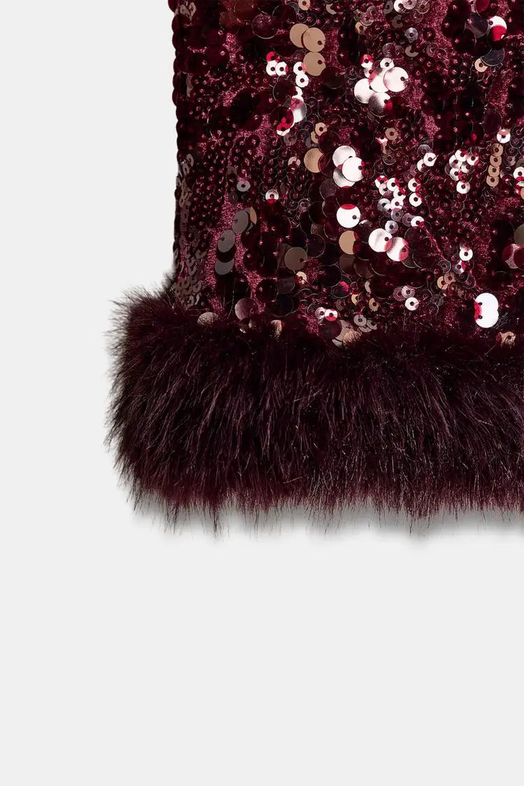 Chic Sequin Sleeveless Top Pants Set Women Faux Fur Patchwork Tops High Waist Straight Trousers Sets Lady Party Street Outfits