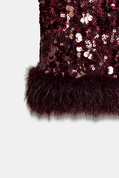 Chic Sequin Sleeveless Top Pants Set Women Faux Fur Patchwork Tops High Waist Straight Trousers Sets Lady Party Street Outfits