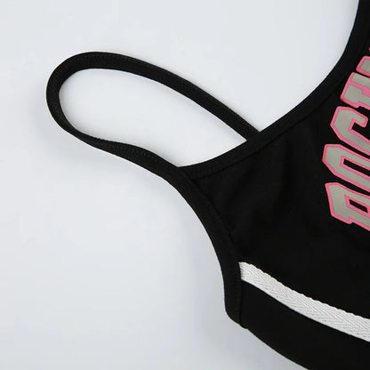 Goth Dark Fairy Grunge Black Letter Print Straps Skinny Bodysuits 90s E-girl Backless One-Piece Outfits Women Casual Streetwear