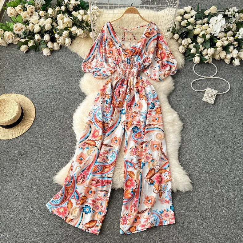 Women's Print Jumpsuit Casual V-neck Bubble Sleeve Backless Lace-Up Slimming Summer Beach Vacation Loose Wide Leg Jumpsuit
