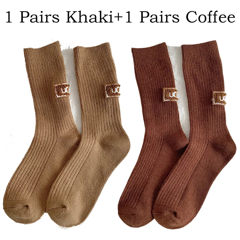 2 Pairs Cashmere Socks Winter Women Warm Wool Thickened Mid-Tube Trendy Heel Furry Label Letter Solid Color Snow Boot Socks New