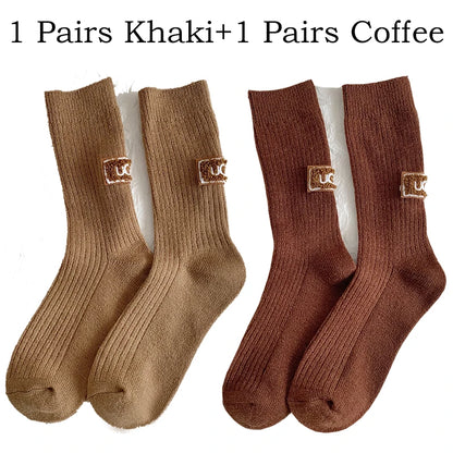2 Pairs Cashmere Socks Winter Women Warm Wool Thickened Mid-Tube Trendy Heel Furry Label Letter Solid Color Snow Boot Socks New
