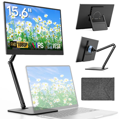 15.6" Portable Monitor with Foldable Magnetic Stand & Case FHD 1080P IPS Screen Extender for Laptop Mac Phone Xbox Work Travel