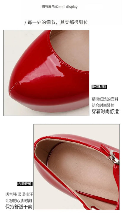 Women Super High Heel 17CM Pumps Spring Autumn Platform Patent Leather Red Black Round Toe Buckle Strap Sexy Zapato De Tacón