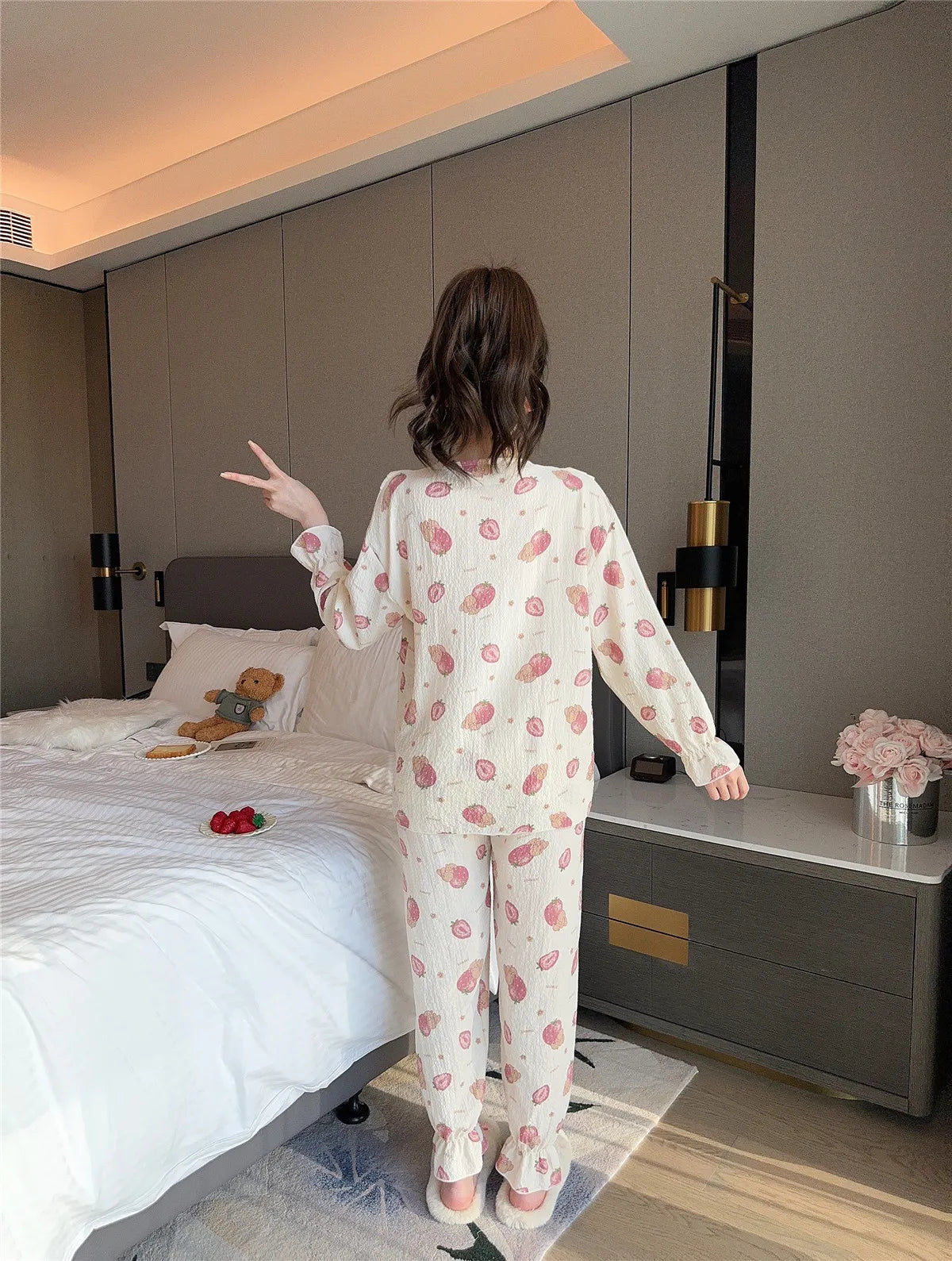 Lady Sweet Style Y2k Cartoon Women's Pajamas Bubble Cotton Bow Square Neck Female Nightgown 2024 Autumn New Youth Chic Sleepwear