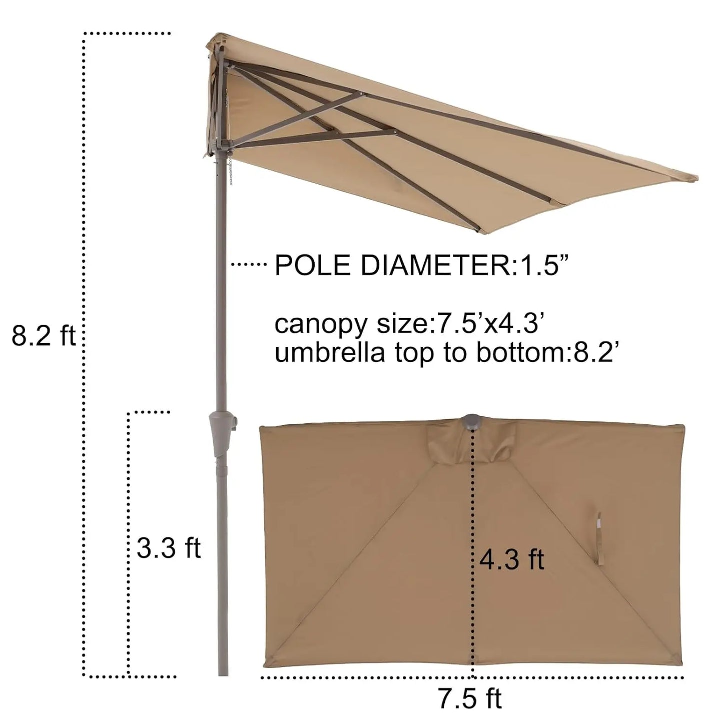 7.5’ by 4’ Half Rectangular Outdoor Patio Umbrella with Base Included, Perfect for Balcony, Garden, Deck, Customized