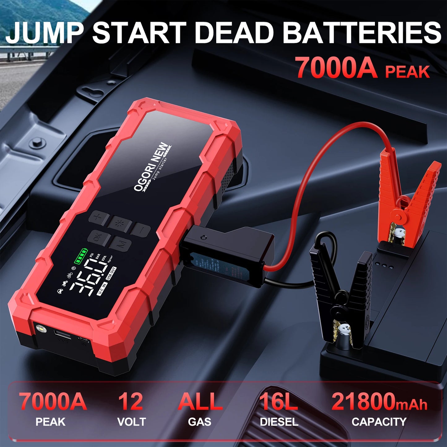 Jump Starter with Air Compressor 150PSI, 7000/8000A Portable Car Battery Booster (All Gas/16L Diesel)
