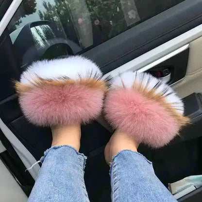 Fur Slippers Women Summer Fluffy Plush Casual Fluffy Flat Non-Slip Real Fox Fur Slides Outdoor Flat Ladies Sandals Flip Flops