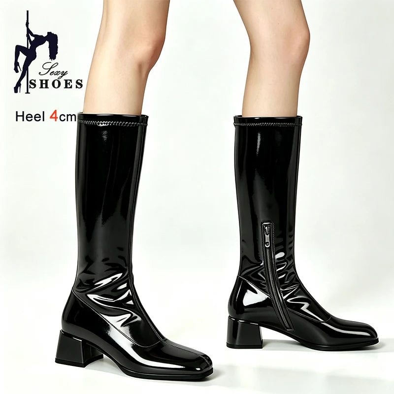 New Spring Autumn Wine Red Patent Leather Women Knee High Boots Block Heel 4cm Side Zipper Square Toe Pleated Ladies Boots Shoes