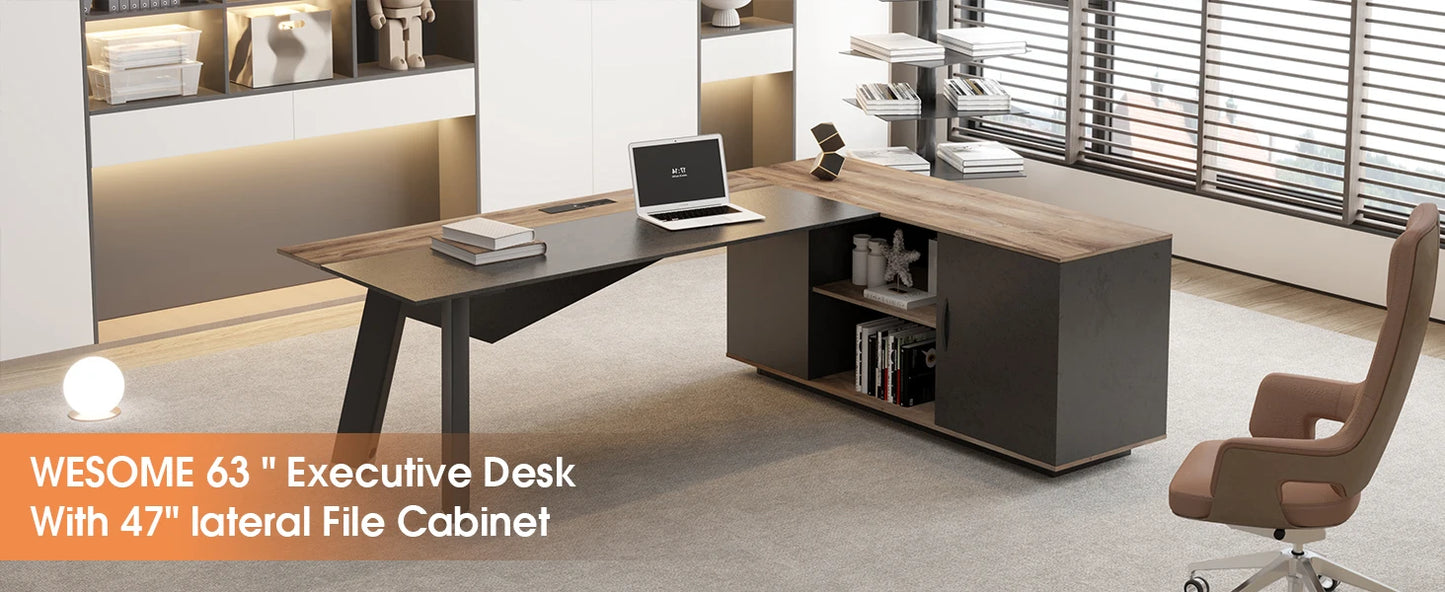 63in L-Shaped Executive Desk with 47" lateral File Cabinet/Storage Shelves Business Writing Table Computer Desk for Home Office