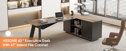 63in L-Shaped Executive Desk with 47" lateral File Cabinet/Storage Shelves Business Writing Table Computer Desk for Home Office