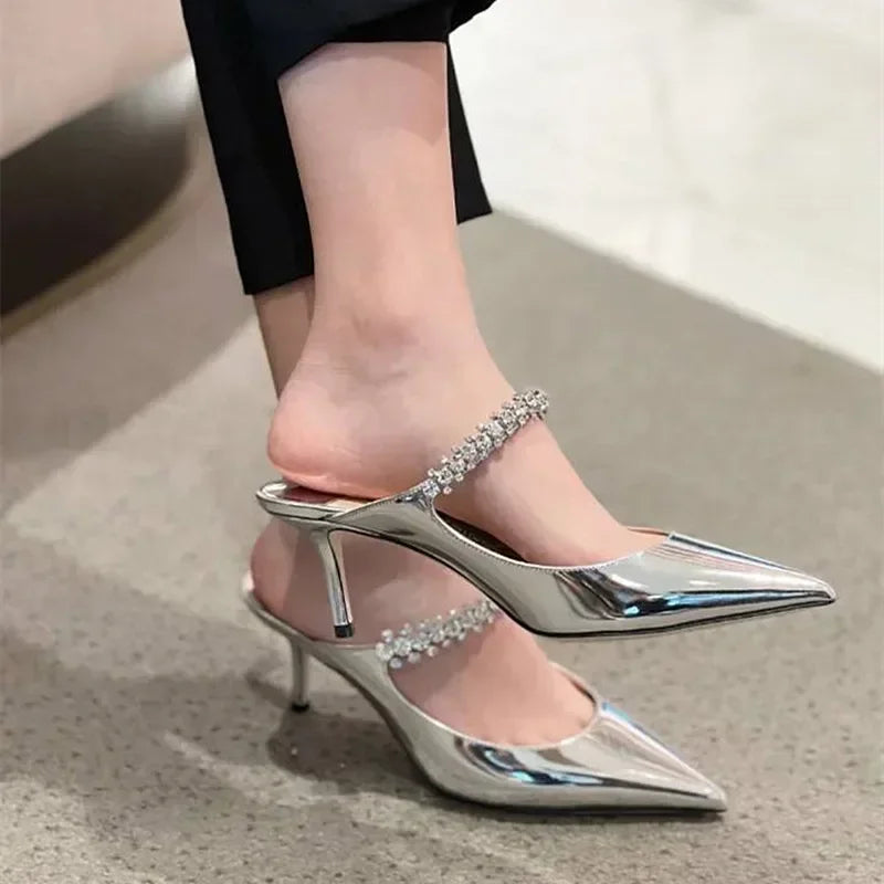 2025 New Fashionable Fine Heeled Muller Shoes with Pointed Water Diamond Chain Banquet Shallow Mouth Women's High Heel Sandals