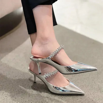 2025 New Fashionable Fine Heeled Muller Shoes with Pointed Water Diamond Chain Banquet Shallow Mouth Women's High Heel Sandals