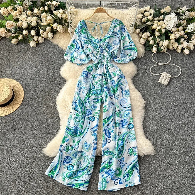 Women's Print Jumpsuit Casual V-neck Bubble Sleeve Backless Lace-Up Slimming Summer Beach Vacation Loose Wide Leg Jumpsuit