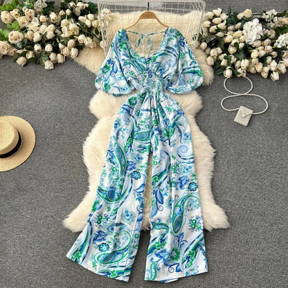 Women's Print Jumpsuit Casual V-neck Bubble Sleeve Backless Lace-Up Slimming Summer Beach Vacation Loose Wide Leg Jumpsuit